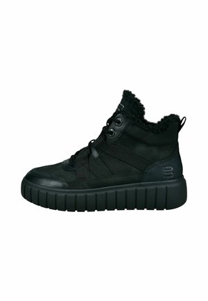 Schwarze High-Top-Sneaker mit einer strukturierten Oberfläche aus Wildleder und Leder. Robuste Plateausohle und Kragen aus Kunstfell für zusätzlichen Komfort.