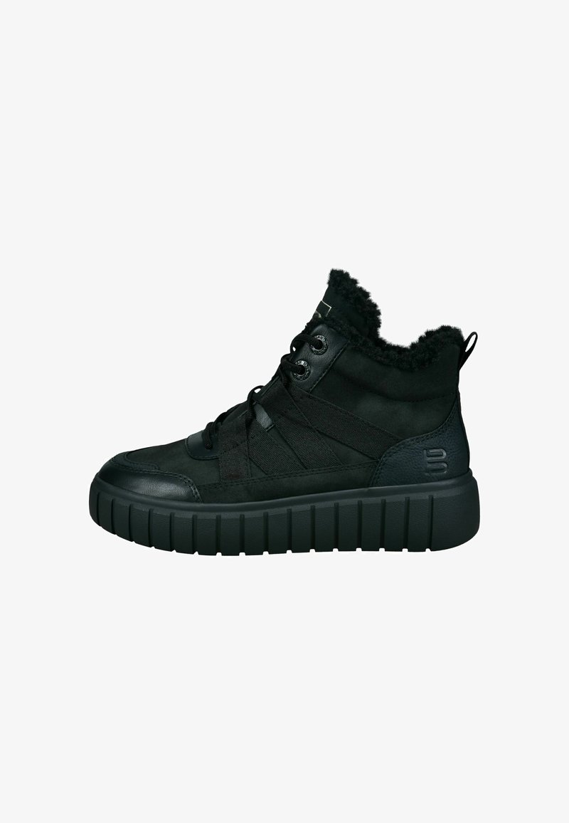 Schwarze High-Top-Sneaker mit einer strukturierten Oberfläche aus Wildleder und Leder. Robuste Plateausohle und Kragen aus Kunstfell für zusätzlichen Komfort.