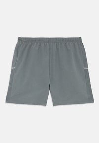 Γκρι αθλητικά σορτς με ελαστική μέση και τρυπητά πλαϊνά πάνελ, απλωμένα σε λευκό φόντο.