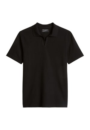 Zwart poloshirt met korte mouwen, kraag en open V-hals, gemaakt van gladde stof, plat uitgestald op een witte achtergrond.