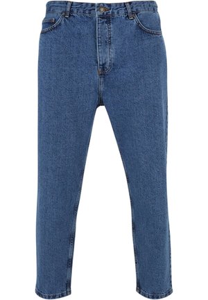 Blå denim jeans med lige ben, høj talje, fem-lomme design og kontraststikninger.