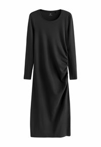 Schwarzes langärmliges Kleid mit rundem Ausschnitt, das ein gerafftes Detail an der Seite und eine gerade Silhouette aufweist. Weicher, strukturierter Stoff.