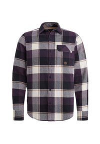 Flanellhemd in lila, schwarz und weiß im Karomuster. Mit Knopfleiste, langen Ärmeln und einer Brusttasche mit Logodetail.