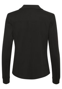 Czarna marynarka z długim rękawem, z kołnierzykiem, dopasowaną sylwetką i elastycznymi mankietami. Gładki materiał o czystym, minimalistycznym wzornictwie.