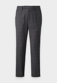 Grau kariert, gerade geschnittene Hose mit Knopfverschluss und Falten für zusätzlichen Stil. Aus einem strukturierten Stoff gefertigt.