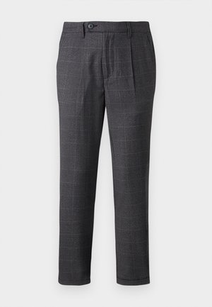 Pantalons à carreaux gris avec une coupe droite, dotés d'une fermeture à bouton et de plis pour plus de détails. Fabriqués à partir d'un tissu texturé.