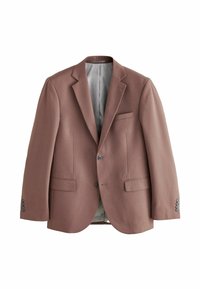 Brun blazer med notch-lapel, enkelt knaplukning, to frontlommer og grå indvendig foring. Glat tekstur med skræddersyet pasform.