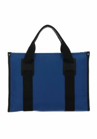 Sac fourre-tout bleu en matériau durable avec des poignées en tissu noir. Présente une forme rectangulaire et un design simple sans motifs ni ornements.