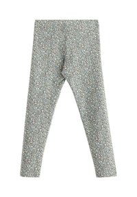 Grå leggings med blommönster i mjukt tyg; har små blommor i rosa, vitt och grönt på en ljusgrå bakgrund.
