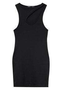 Robe noire sans manches en tissu lisse, avec un col rond et une bretelle asymétrique sur l'épaule.