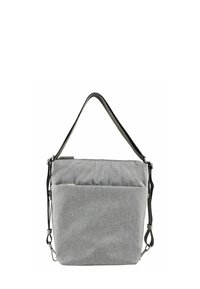 Borsa a tracolla in tessuto grigio con texture liscia, chiusura superiore con zip, due tasche frontali e spallacci regolabili. Presenta un design minimalista.