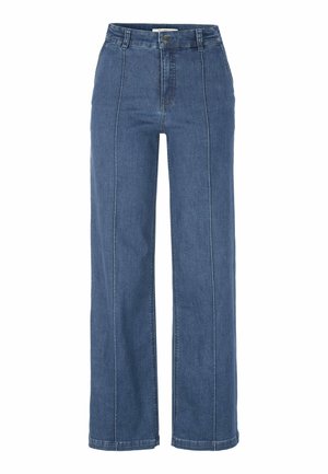 Wijdvallende jeans in middelblauw denim, met een hoge taille, zichtbare stiksels en een soepele textuur. Klassiek ontwerp met vijf zakken.