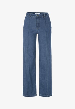 Wijdvallende jeans in middelblauw denim, met een hoge taille, zichtbare stiksels en een soepele textuur. Klassiek ontwerp met vijf zakken.