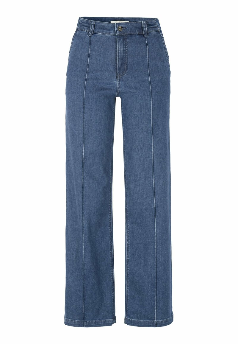 Kapelevt farkut keskisinisessä deniinissä, joissa on korkea vyötärö, näkyvät ompeleet ja sileä pinta. Klassinen viiden taskun muotoilu.