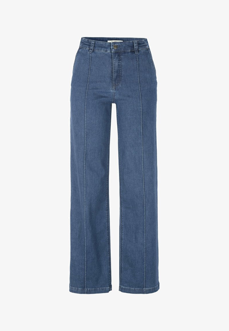 Vida jeans i medelblå denim, med hög midja, synlig sömnad och en slät textur. Klassisk femficksdesign.