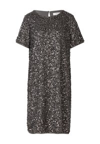 Grijze paillettenjurk met korte mouwen, ronde halslijn en een rechte snit. Heeft een keyhole sluiting op de rug en een gestructureerd oppervlak.