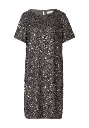 Szara sukienka z cekinami, z krótkim rękawem, okrągłym dekoltem i prostym krojem. Posiada zapięcie na plecach w kształcie dziurki oraz teksturowaną powierzchnię.