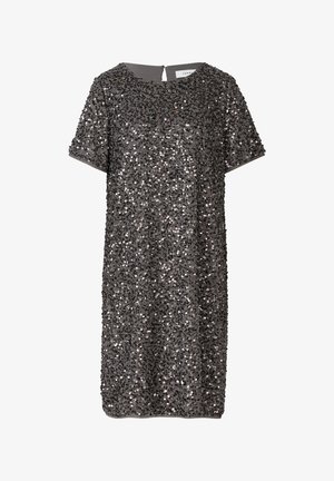 Szara sukienka z cekinami, z krótkim rękawem, okrągłym dekoltem i prostym krojem. Posiada zapięcie na plecach w kształcie dziurki oraz teksturowaną powierzchnię.