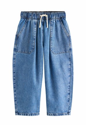 Light blue denim pants with an elastic waistband, drawstring, two front pockets, and a relaxed, wide-leg design.