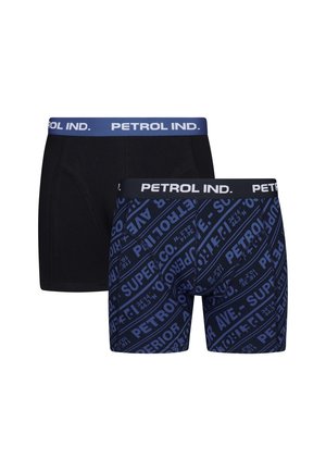 Deux paires de boxeurs pour hommes : un noir uni, un bleu marine avec un motif de texte blanc. Les ceintures élastiques arborent le logo "PETROL IND.".