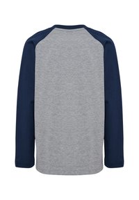 Koszula z długim rękawem z szarym tułowiem i granatowymi rękawami raglanowymi, pokazana od tyłu na białym tle.