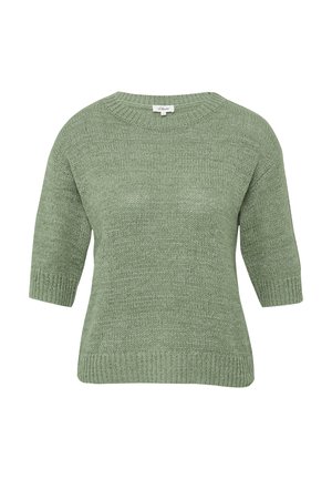 Suéter verde de punto con mangas cortas y cuello redondo. Hecho de una tela suave, presenta un patrón texturizado y un dobladillo acanalado.