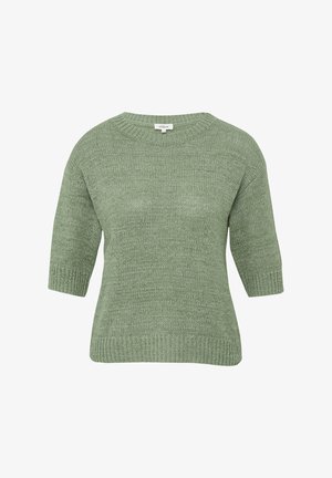 Suéter verde de punto con mangas cortas y cuello redondo. Hecho de una tela suave, presenta un patrón texturizado y un dobladillo acanalado.