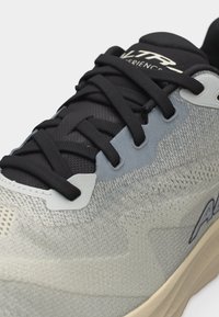 Gros plan d'une chaussure de sport grise et noire avec des lacets noirs, une tige en mesh et un logo partiellement visible sur le côté.