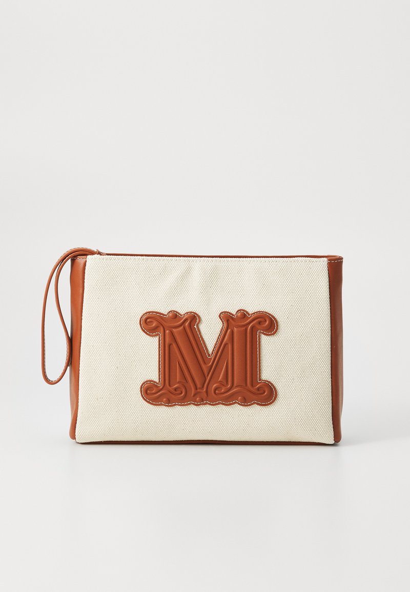 Auduma un ādas maciņš bēšā un brūnā krāsā, ar izteiktiem dekoratīviem "M" logo, ar rāvējslēdzēju un plaukstas siksniņu.