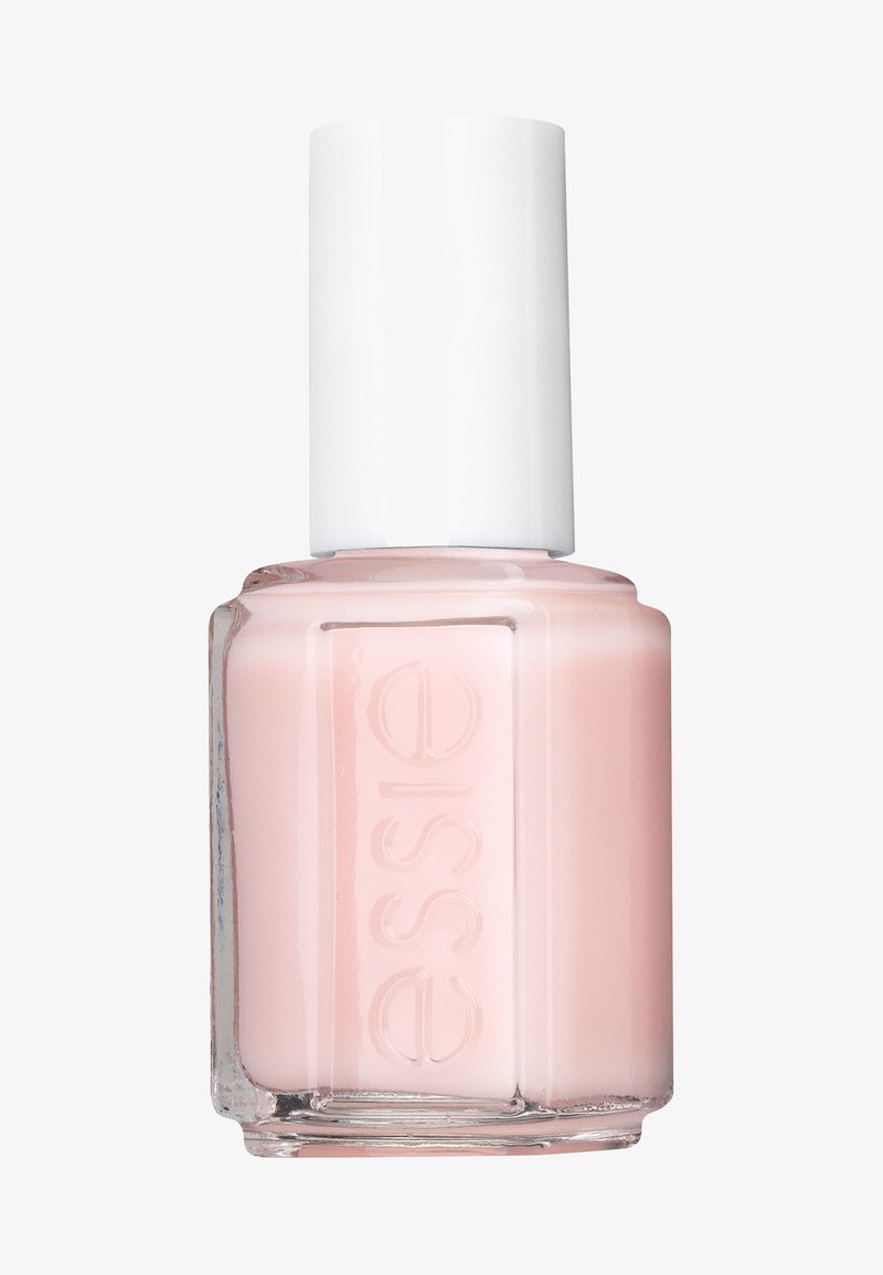 Essie neglelak i en firkantet glasflaske. Lysrosa væske med en blank finish, toppet med en høj, hvid cylindrisk kapsel.
