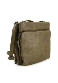 Olivgrüne Leder-Umhängetasche mit verstellbarem Träger, vorderen Reißverschlusstasche und geprägtem "VENEZIA"-Logo.
