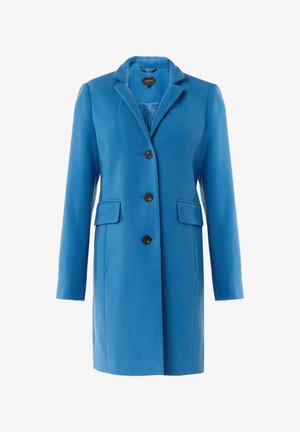 Blue wool blend coat with a tailored design, notched lapels, four front buttons, and two side pockets. Smooth texture and straight cut.