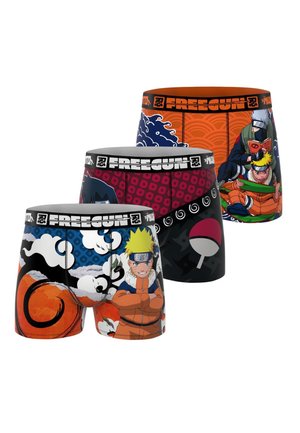 Trois paires de boxers à thème Naruto avec des motifs de personnages, des vagues japonaises et des symboles ninja sur des fonds vibrants.