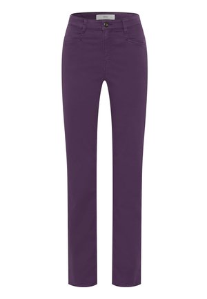 Purple cotton blend trousers with a straight-leg design, waistband with belt loops, front pockets, and a button closure.