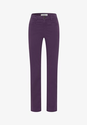Purple cotton blend trousers with a straight-leg design, waistband with belt loops, front pockets, and a button closure.
