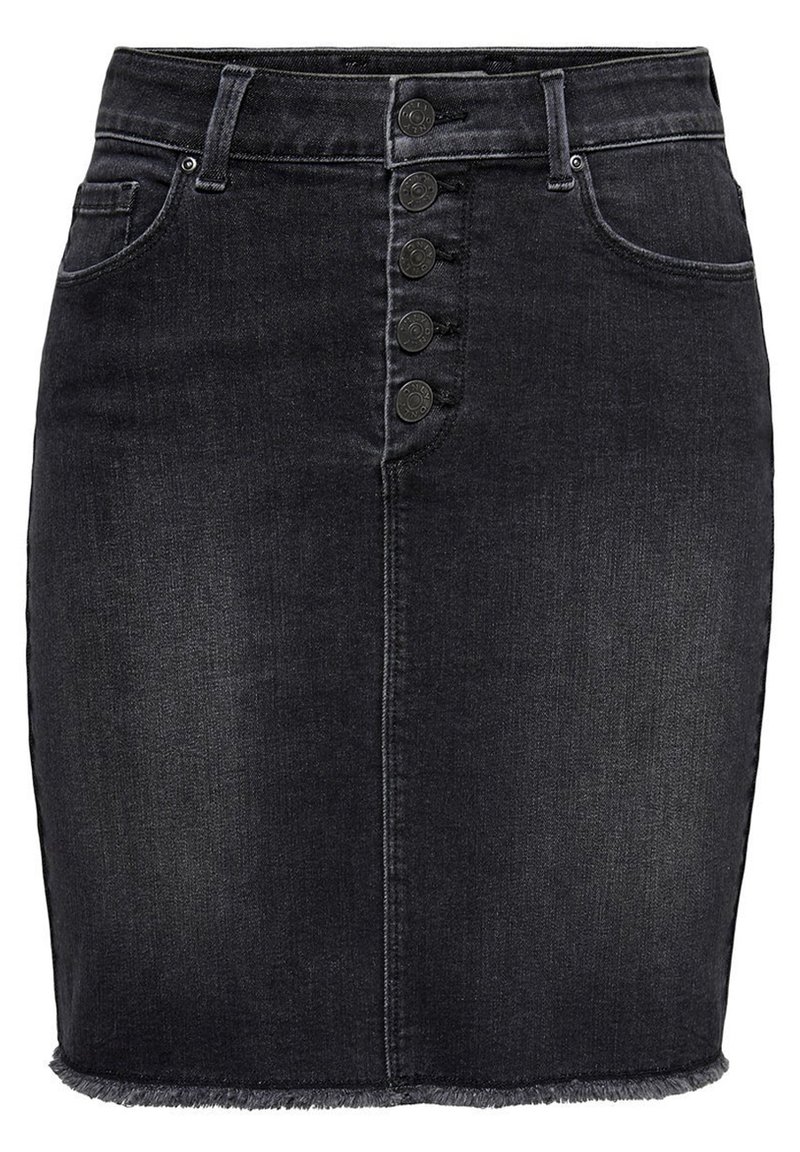 Falda vaquera negra con cinco botones en la parte delantera, dos bolsillos frontales, trabillas para cinturón y un dobladillo deshilachado.