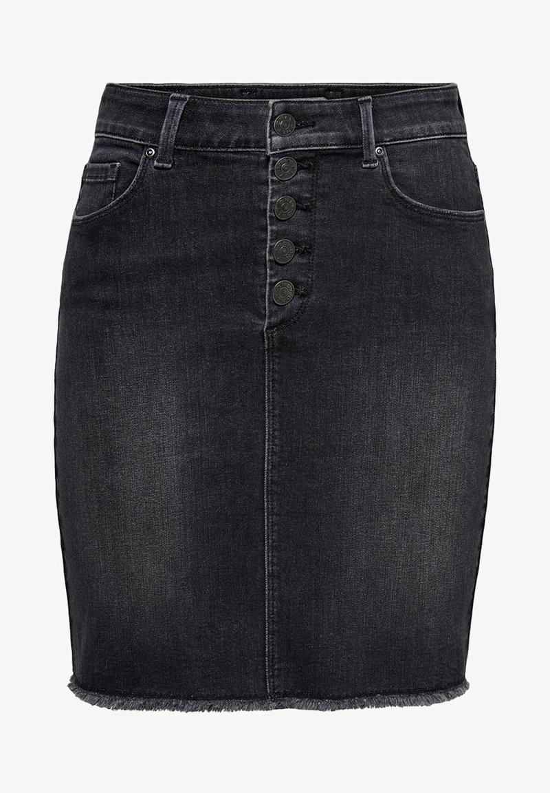 Falda vaquera negra con cinco botones en la parte delantera, dos bolsillos frontales, trabillas para cinturón y un dobladillo deshilachado.