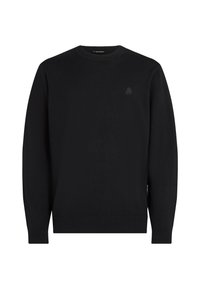 Suéter de punto negro con cuello redondo, mangas largas y dobladillo acanalado. Presenta un logo tonal en el pecho y una textura suave.