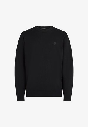 Črna pletena jopica s krožnim ovratnikom, dolgimi rokavi in rebrastim robom. Ponuja tonalni logotip na prsih in mehko teksturo.