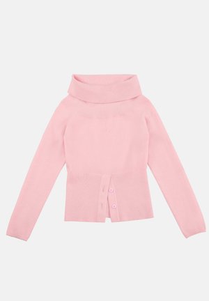 Rosa turtleneck genser med lange ermer, ribbet tekstur og tettsittende midje. Har to knapper og en lett utsvingt kant.