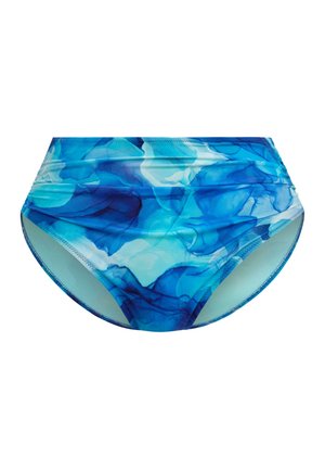 High-waisted swim bottoms in blue with an abstract wave pattern. Features soft fabric and smooth seams for comfort and fit.