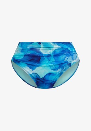 Hooggeknipte zwemonderdelen in het blauw met een abstract golfpatroon. Kenmerkt zich door zachte stof en soepele naden voor comfort en pasvorm.