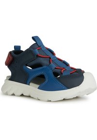 Zapato acuático azul y marino con parte superior de malla transpirable, cordones elásticos rojos, suela de goma blanca y paneles laterales recortados para ventilación.