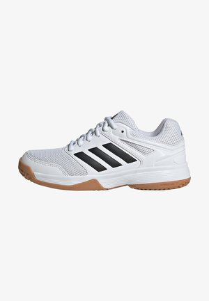 White athletic shoe with mesh and synthetic material, featuring a white sole and black three-stripe design on the side. Rubber outsole for grip.