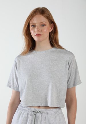 Graues, kurzärmliges, verkürztes T-Shirt aus weichem, atmungsaktivem Stoff. Rundhalsausschnitt, lockere Passform mit einer leicht melierten Struktur.