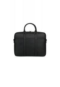 Zwarte leren laptoptas met dubbele bovenhandvatten, ritssluiting, rechthoekige vorm, gladde textuur en twee horizontale banden aan de voorkant.