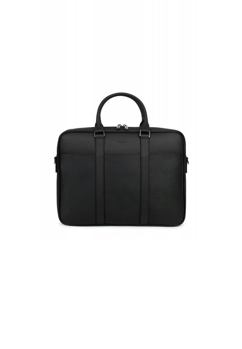 Zwarte leren laptoptas met dubbele bovenhandvatten, ritssluiting, rechthoekige vorm, gladde textuur en twee horizontale banden aan de voorkant.