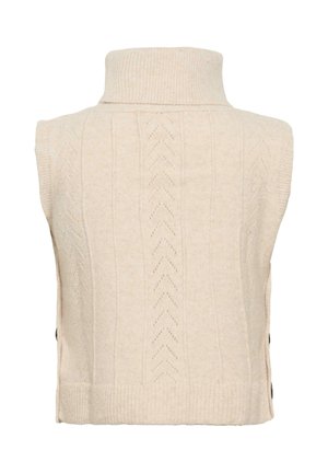 Ärmlös krämfärgad turtleneck stickad tröja med en strukturerad mönstring, med ribbad nederkant och sidoknappar.