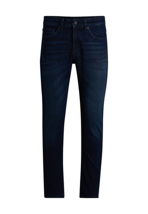 Jean en denim bleu foncé avec une coupe droite. Comprend cinq poches, des passants de ceinture et une fermeture à bouton. Texture lisse, décoloration minimale.