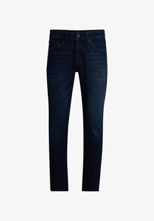 Jean en denim bleu foncé avec une coupe droite. Comprend cinq poches, des passants de ceinture et une fermeture à bouton. Texture lisse, décoloration minimale.